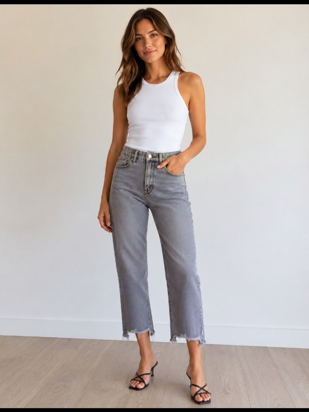 Good American Good Vintage High-Rise Straight Distressed Crop Jeans Grey, 27 / 4